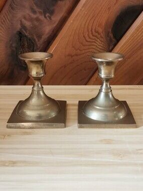 Pair of Small Vintage Brass Candle Holders With Square Base